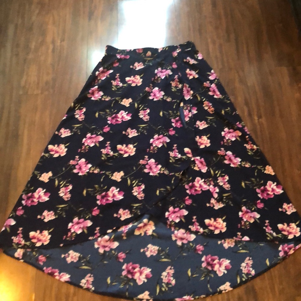Floral High-Low Maxi Skirt - Modern Boho Style - Navy Pink Ruffle Hem